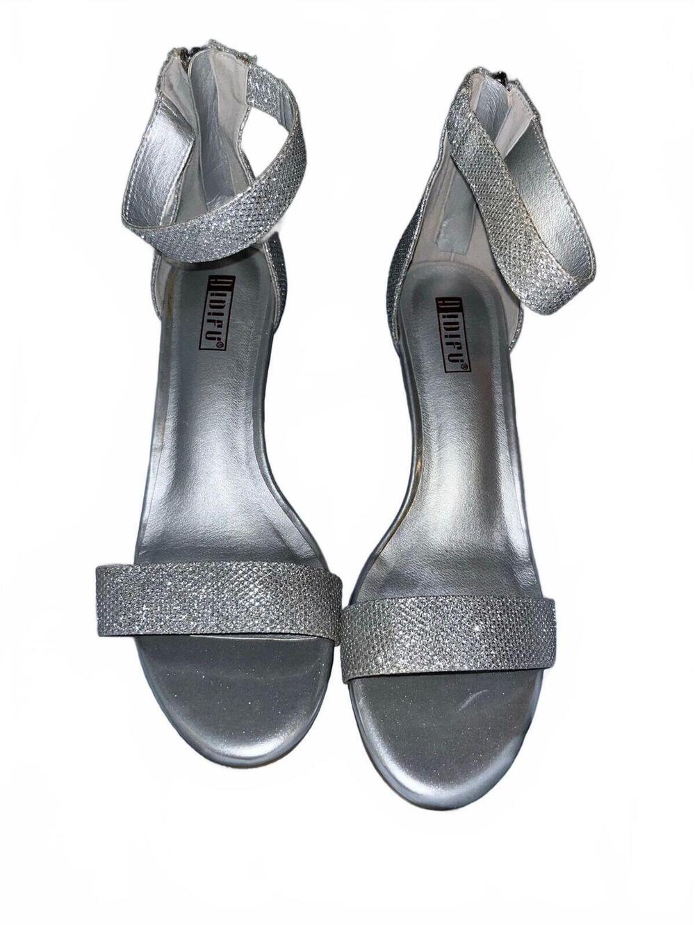Idifu Silver Glitter Open Toe Ankle Strap Heels Low Block Heel Pumps Womens 7.5
